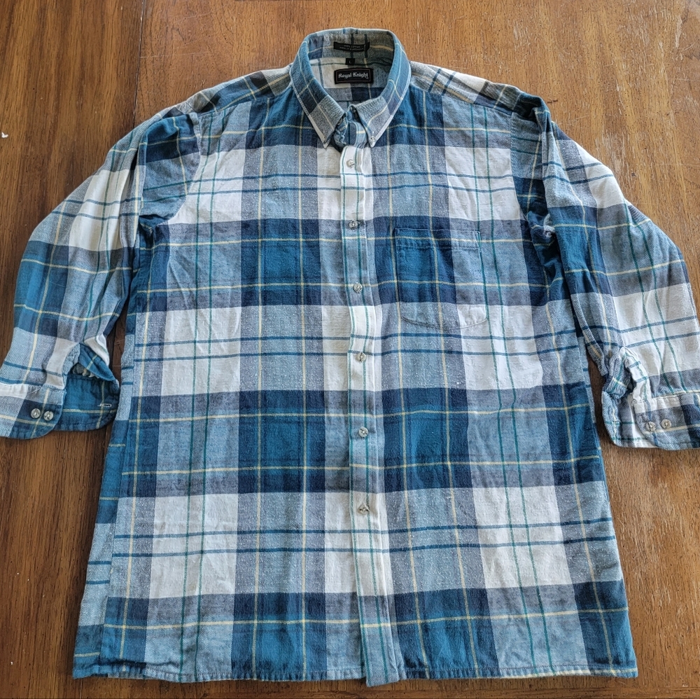 Vintage Royal Knight Men's Blue Plaid Flannel Shirt - Size Large